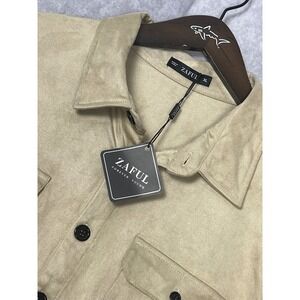 Zaful Faux Suede Button Down Shirt Mens XL Tan NEW Long Sleeve Utility Pocket